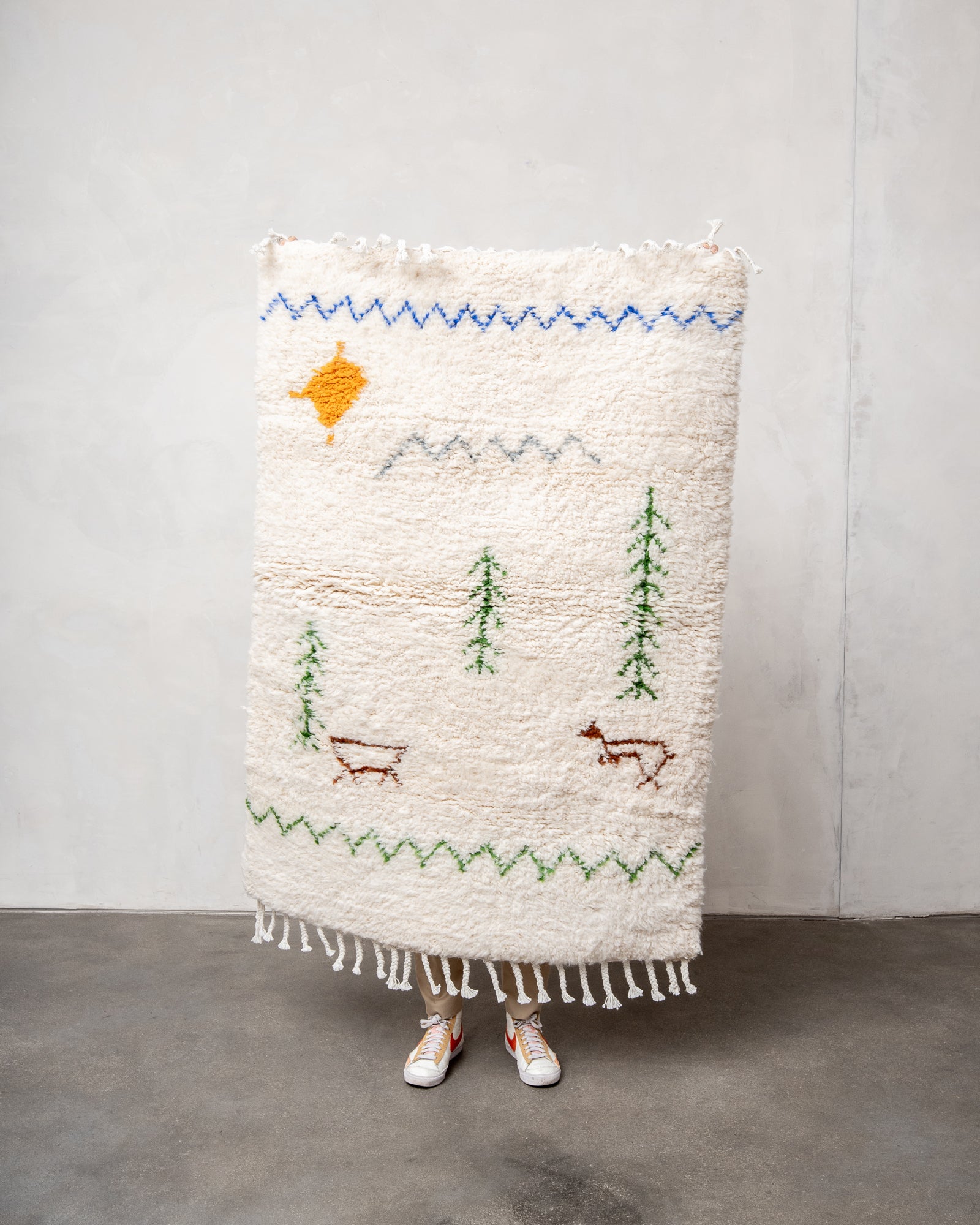 Modern, designer, handcrafted Berber rug from Morocco. Beniourain carpet with beautiful colours and patterns and fluffy wool texture.